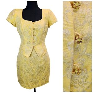 Kay Unger Floral Brocade Yellow 2 Piece Skirt Set Sz 4 Vintage 80s 90s Spring